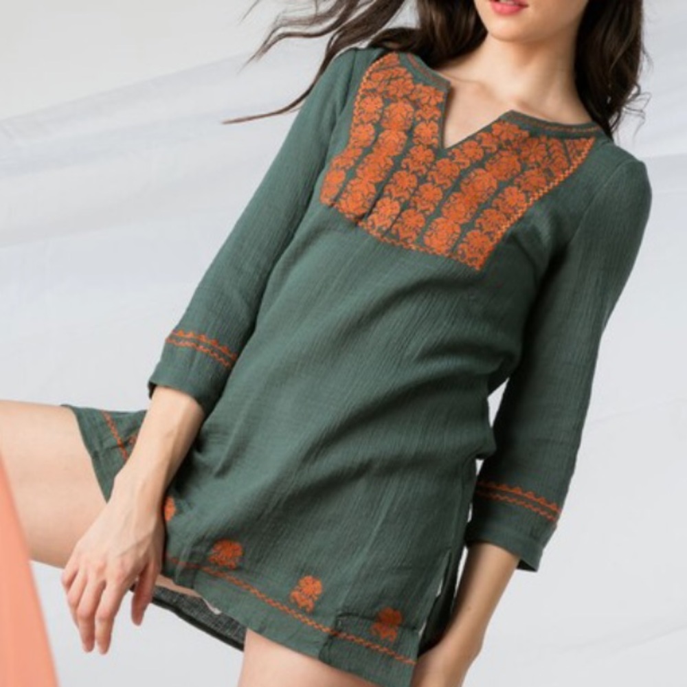 Olive & Orange Embroidered Tunic - Picture 2 of 11